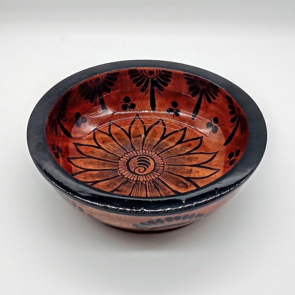 Handmade Augustin C. Ries Black Brown Folk Art Lacquer Wood Bowl